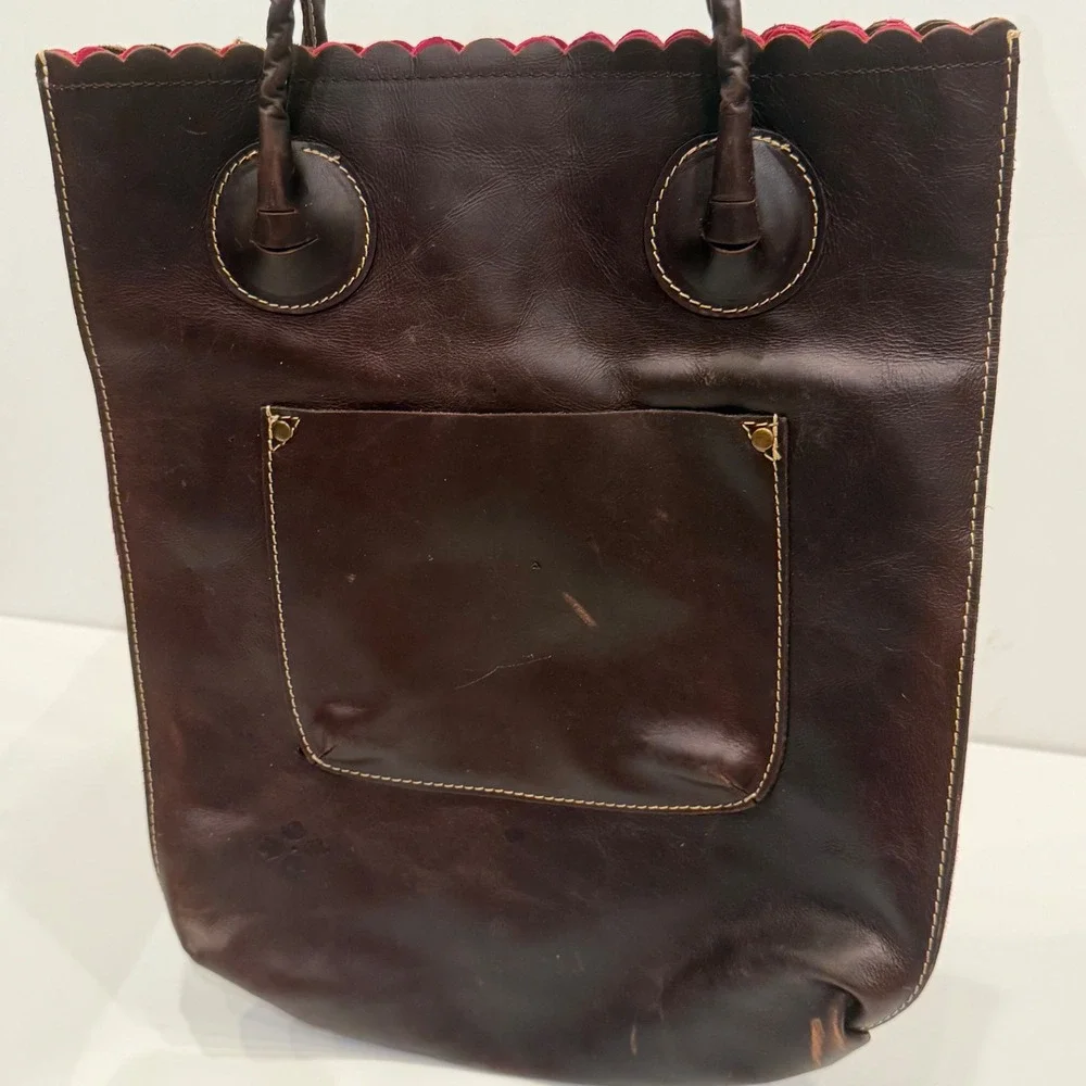 Patricia Nash Dark Brown Leather‎ Floral Cutout Scalloped Tote Bag Pink Lining